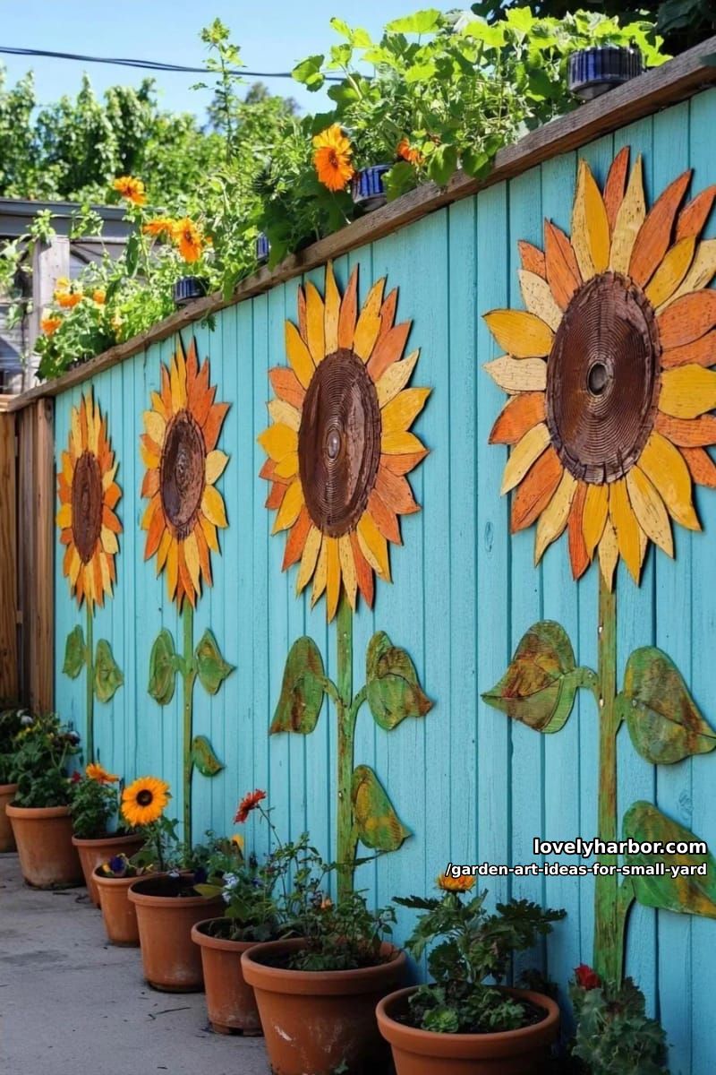 20 Creative Garden Art Ideas to Elevate Small Yards 3 sunflower fence mural using recycled metal lids and painted wooden boards 1