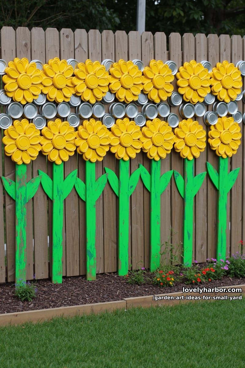 20 Creative Garden Art Ideas to Elevate Small Yards 4 sunflower fence mural using recycled metal lids and painted wooden boards 1