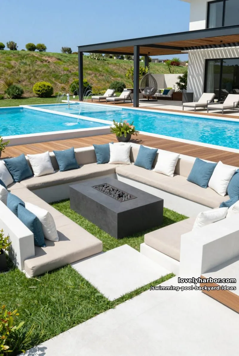 sunken fire pit lounge, pool with water jets, and pergola outdoor living 1