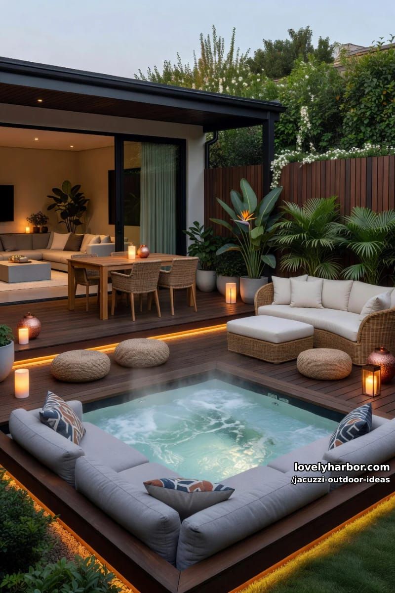 sunken hot tub, wooden deck, gray sofas, rattan seating, lanterns, covered patio. 1