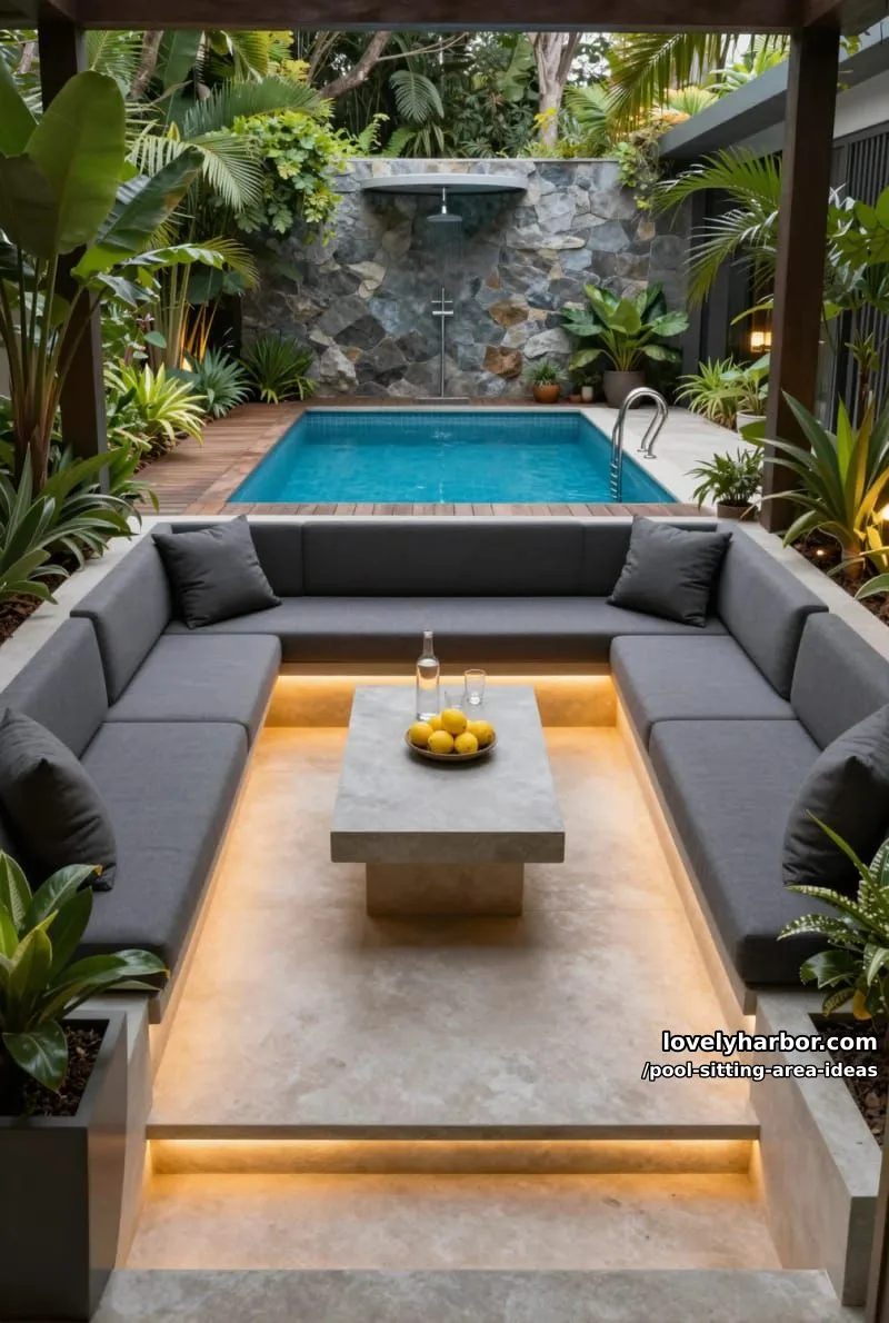 sunken seating area with concrete table beside pool and tropical greenery. 1