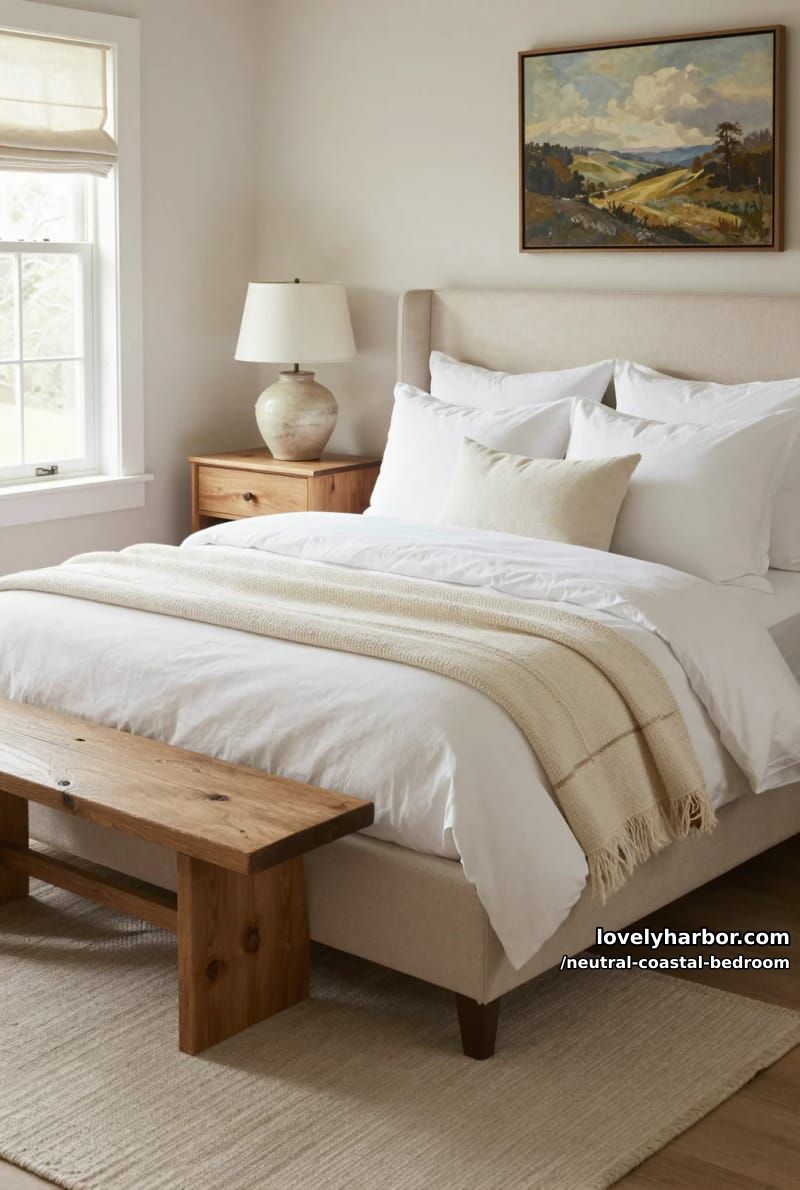 sunlit bedroom with beige upholstered bed, layered white bedding, and landscape artwork. 1
