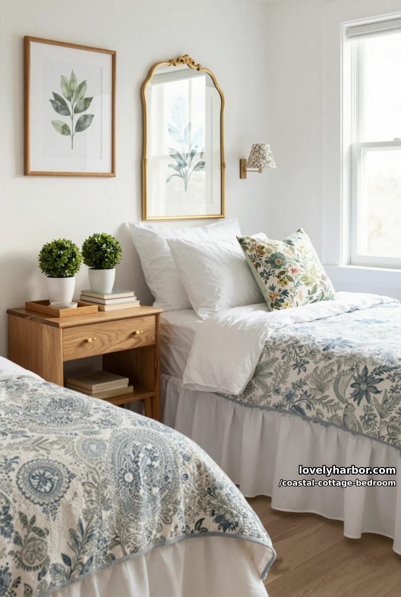 sunlit bedroom with botanical prints, blue quilt, gold mirror, and vintage desk. 1
