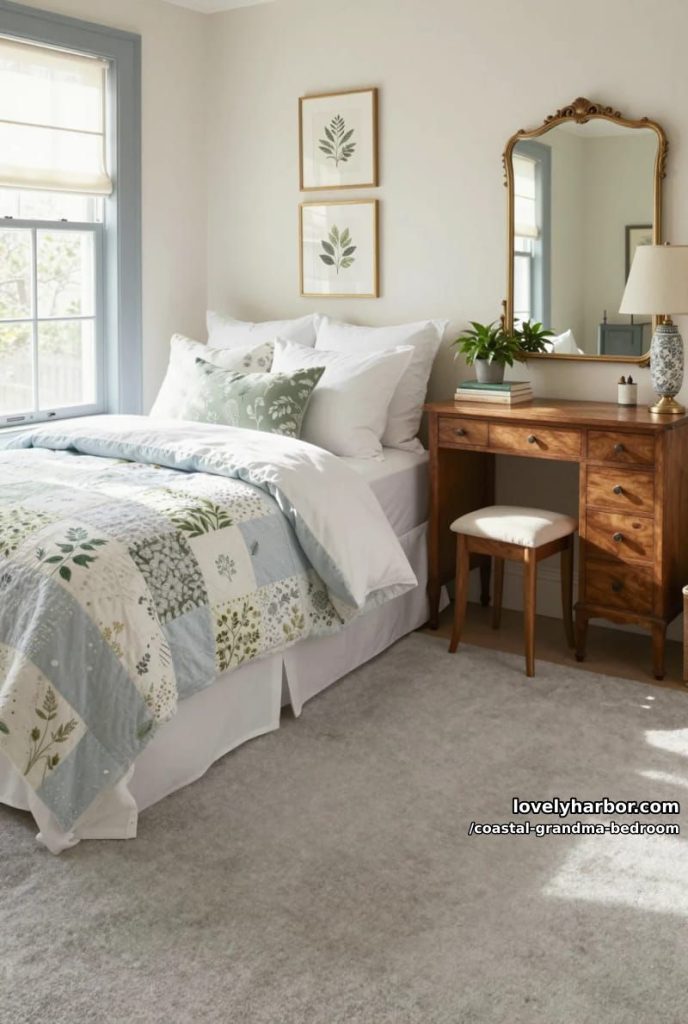 sunlit bedroom with botanical prints, patchwork quilt, and vintage wooden desk. 6