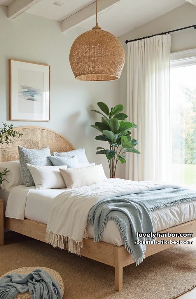 sunlit bedroom with layered neutral bedding and rattan, jute, and wood accents. 1