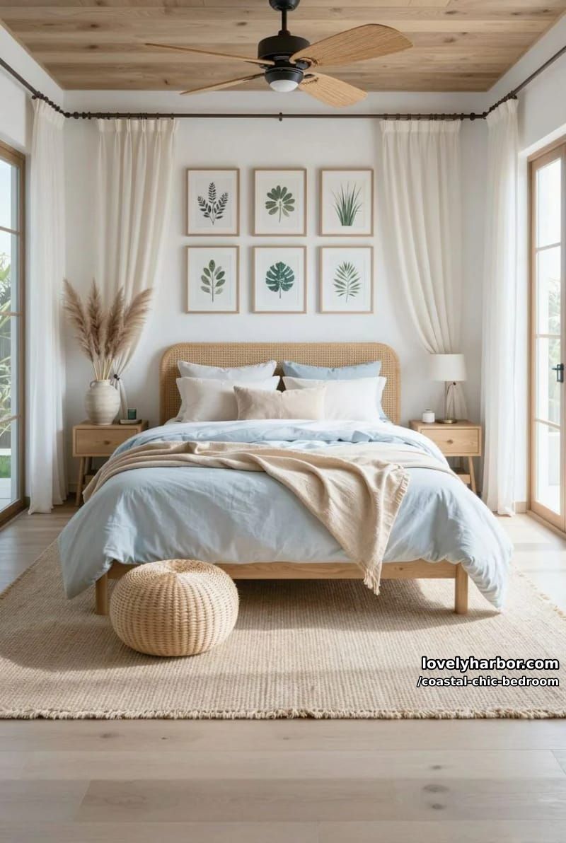 sunlit bedroom with rattan headboard, botanical art, pampas grass, and woven accents. 1
