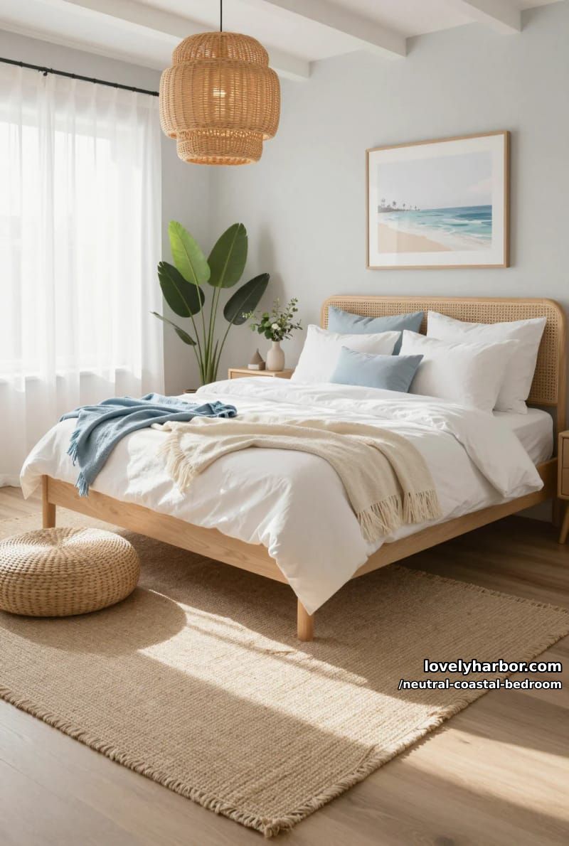 sunlit bedroom with rattan headboard, layered bedding, woven ottoman, and potted plant. 1