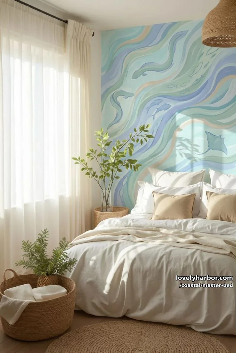 sunlit bedroom with rattan pendant, woven baskets, and wave-inspired wall decor. 1