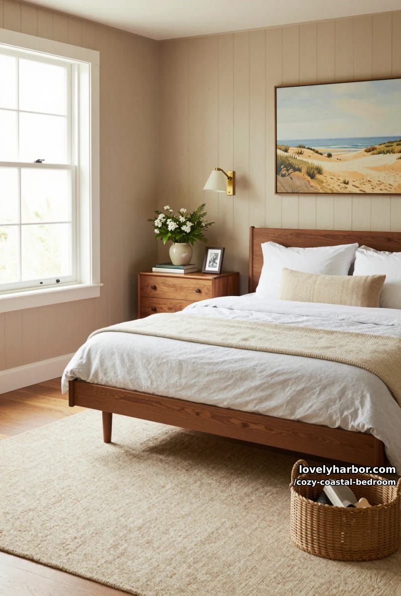 20 Dreamy Coastal Bedrooms for a Serene Retreat 9 sunlit bedroom with wood-paneled walls and mid-century modern furniture 1