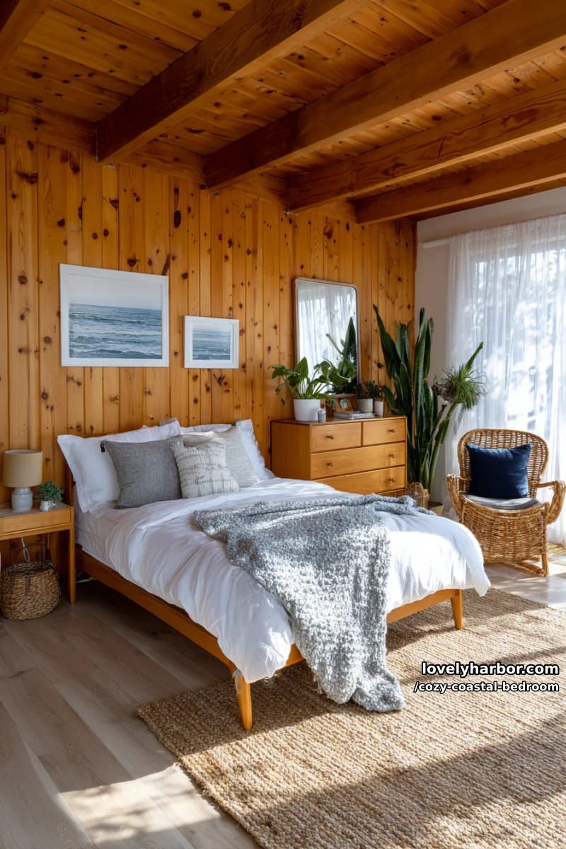 20 Dreamy Coastal Bedrooms for a Serene Retreat 10 sunlit bedroom with wood-paneled walls and mid-century modern furniture 1