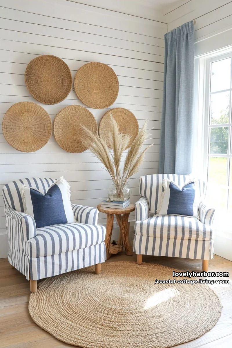sunlit corner with shiplap walls, striped armchairs, and woven basket decor. 1