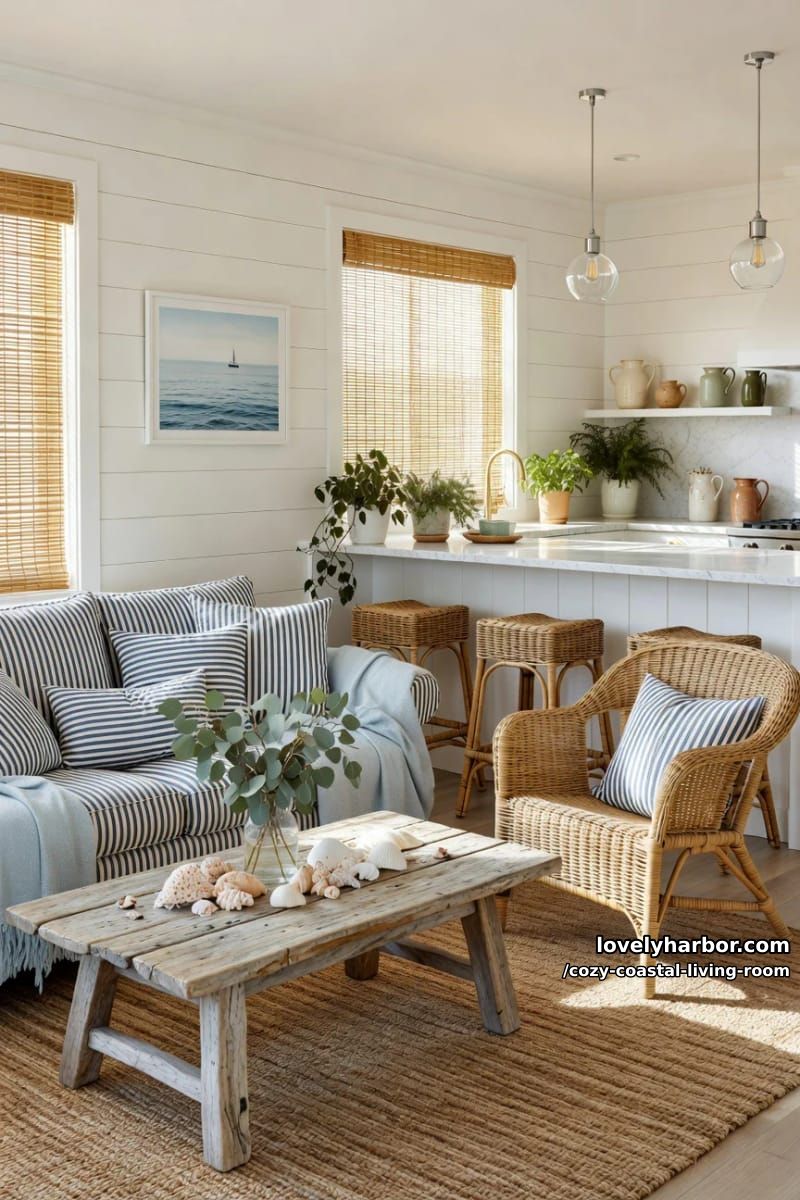 sunlit cottage living room with striped sofa, bamboo blinds, and kitchen island 1