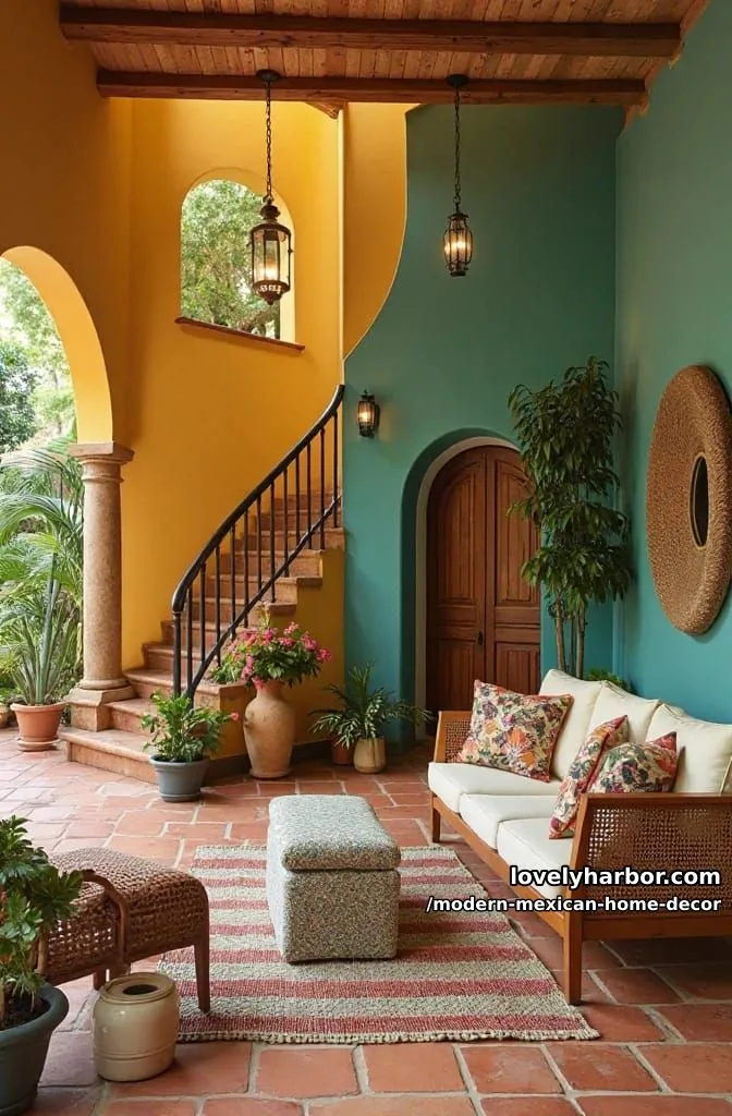 18 Modern Mexican Decor for a Stylish Home 6 sunlit courtyard with terracotta tiles, colorful walls, and rustic wooden accents. 1