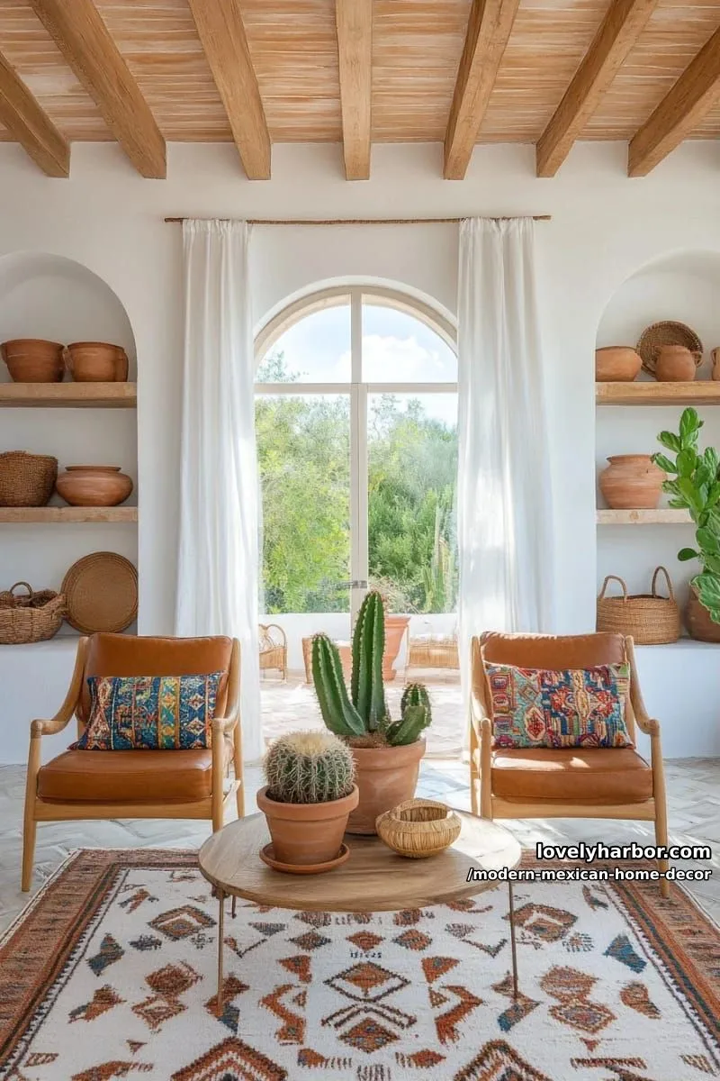 18 Modern Mexican Decor for a Stylish Home 11 sunlit living room with arched windows, built-in shelves, and southwestern decor. 1