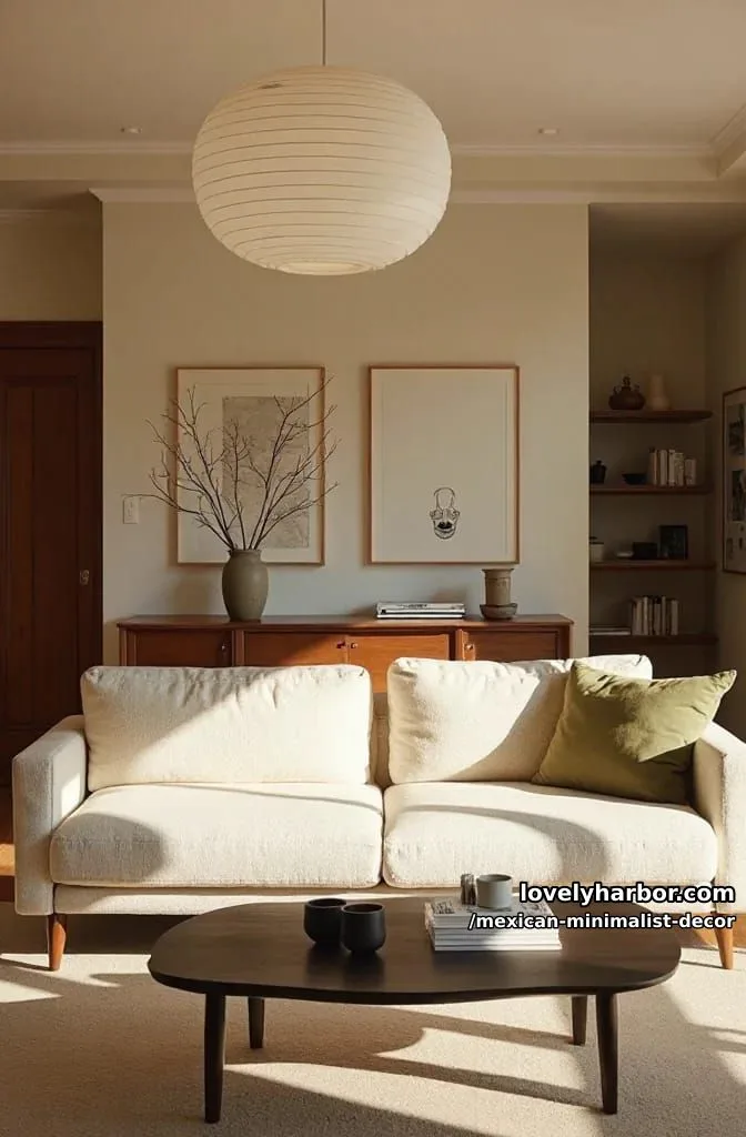 sunlit living room with curved cream sofa, herringbone floors, and minimalist decor. 1