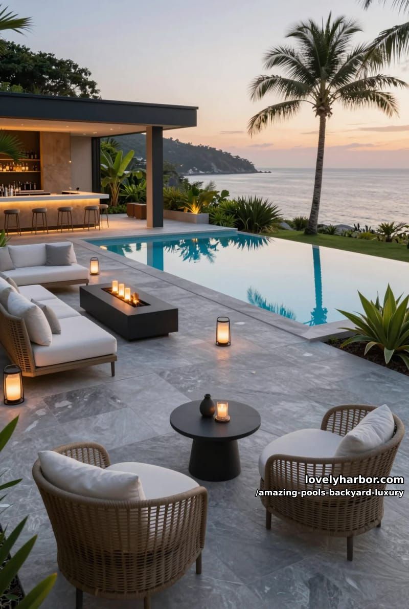 sunset infinity pool, gray stone tiles, fire pit, rattan armchairs, ocean view. 1