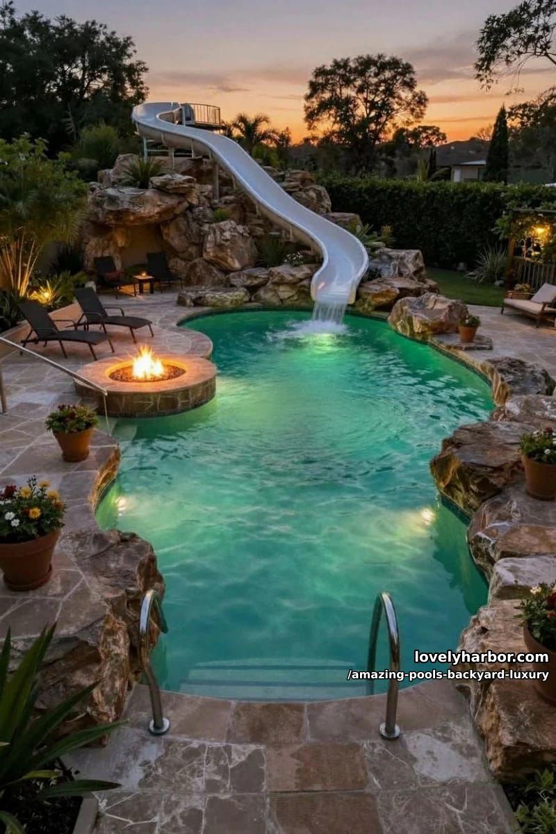 sunset pool with green lights, rock formations, sunken fire pit, winding waterslide. 9