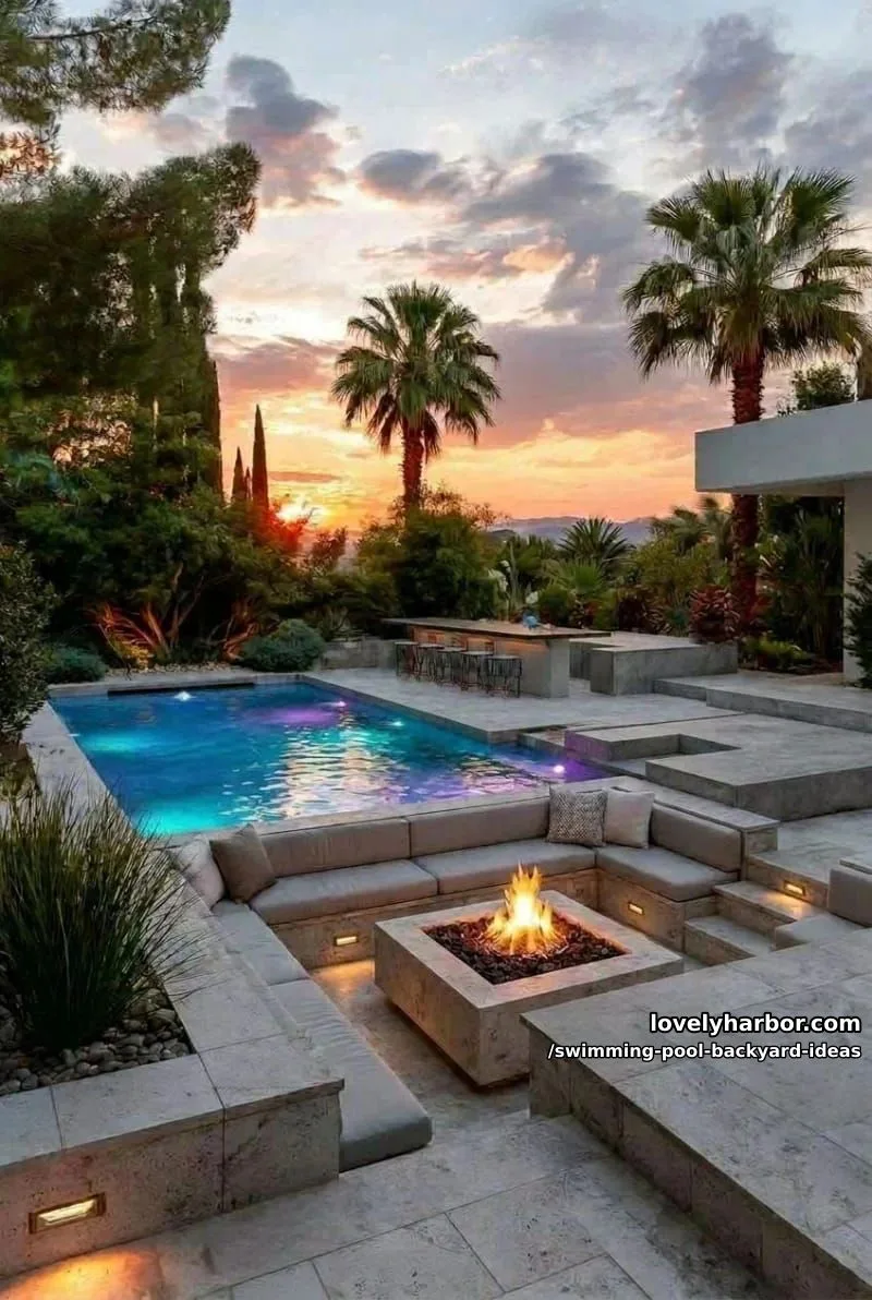 sunset pool with underwater lights, sunken lounge, and bar counter 1