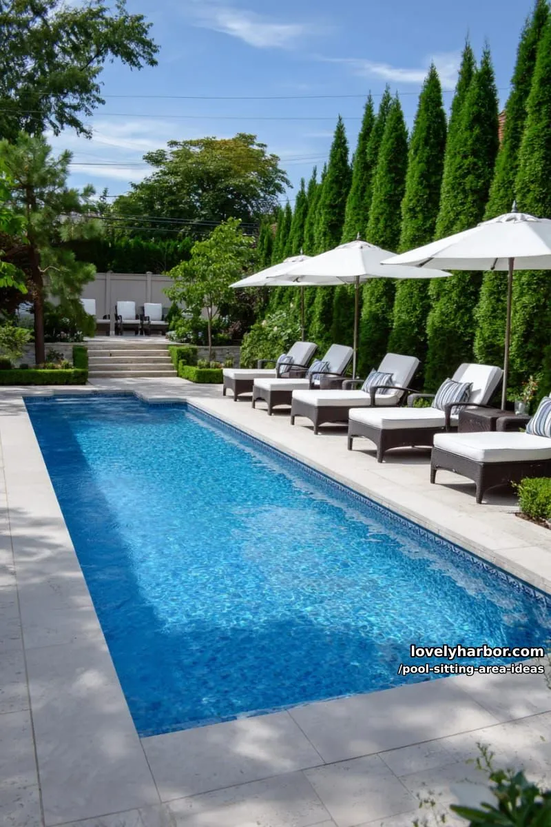 symmetrical lounge seating and umbrellas around pool with trimmed hedges. 1