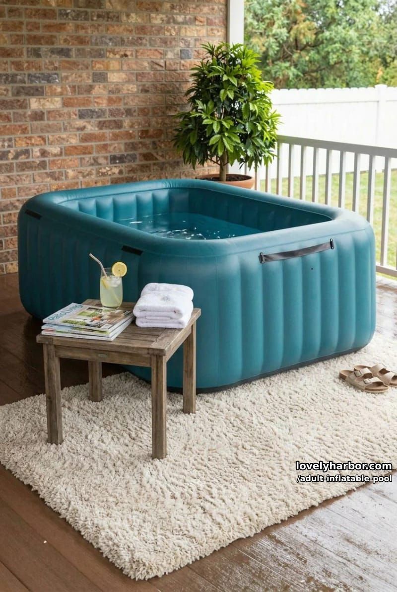 teal inflatable hot tub on a wooden porch with potted plants. 1