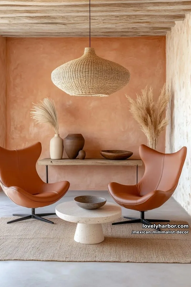 terracotta-walled living room with leather lounge chairs and woven pendant light. 1