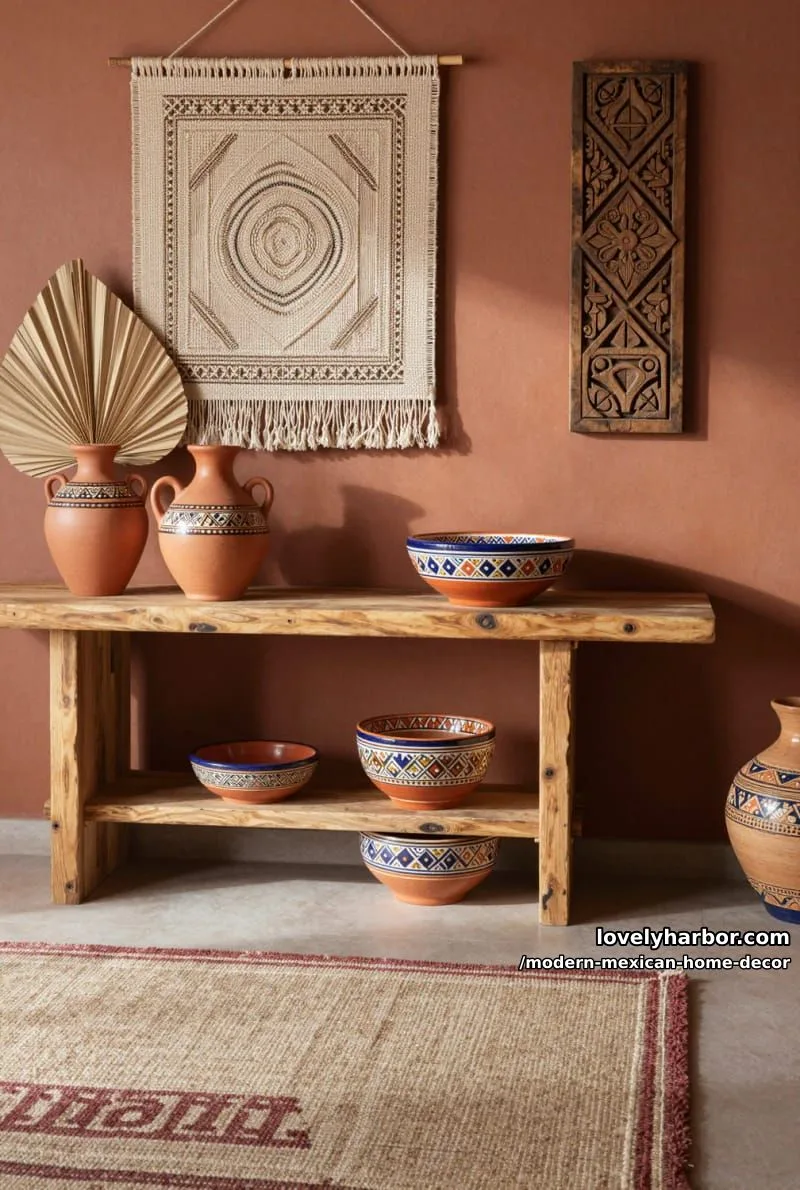 18 Modern Mexican Decor for a Stylish Home 7 terracotta-walled room with mexican pottery and woven decor on console table. 1
