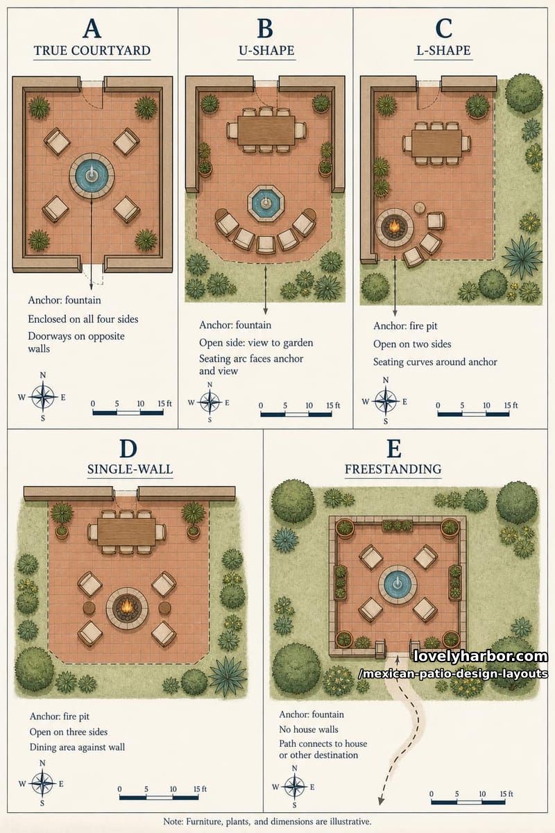 Top-down architectural diagram showing five Mexican patio archetypes: True Courtyard, U-Shaped, L-Shaped, Single-Wall, and Freestanding layout plans with anchor and furniture placements.