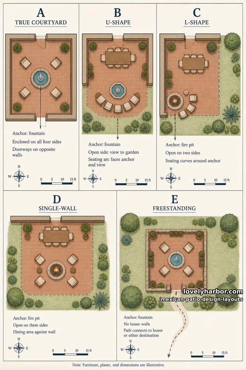Mexican Patio Design Guide: 5 Yard Layouts & 3 Floor Plans 2 Top-down architectural diagram showing five Mexican patio archetypes: True Courtyard, U-Shaped, L-Shaped, Single-Wall, and Freestanding layout plans with anchor and furniture placements.
