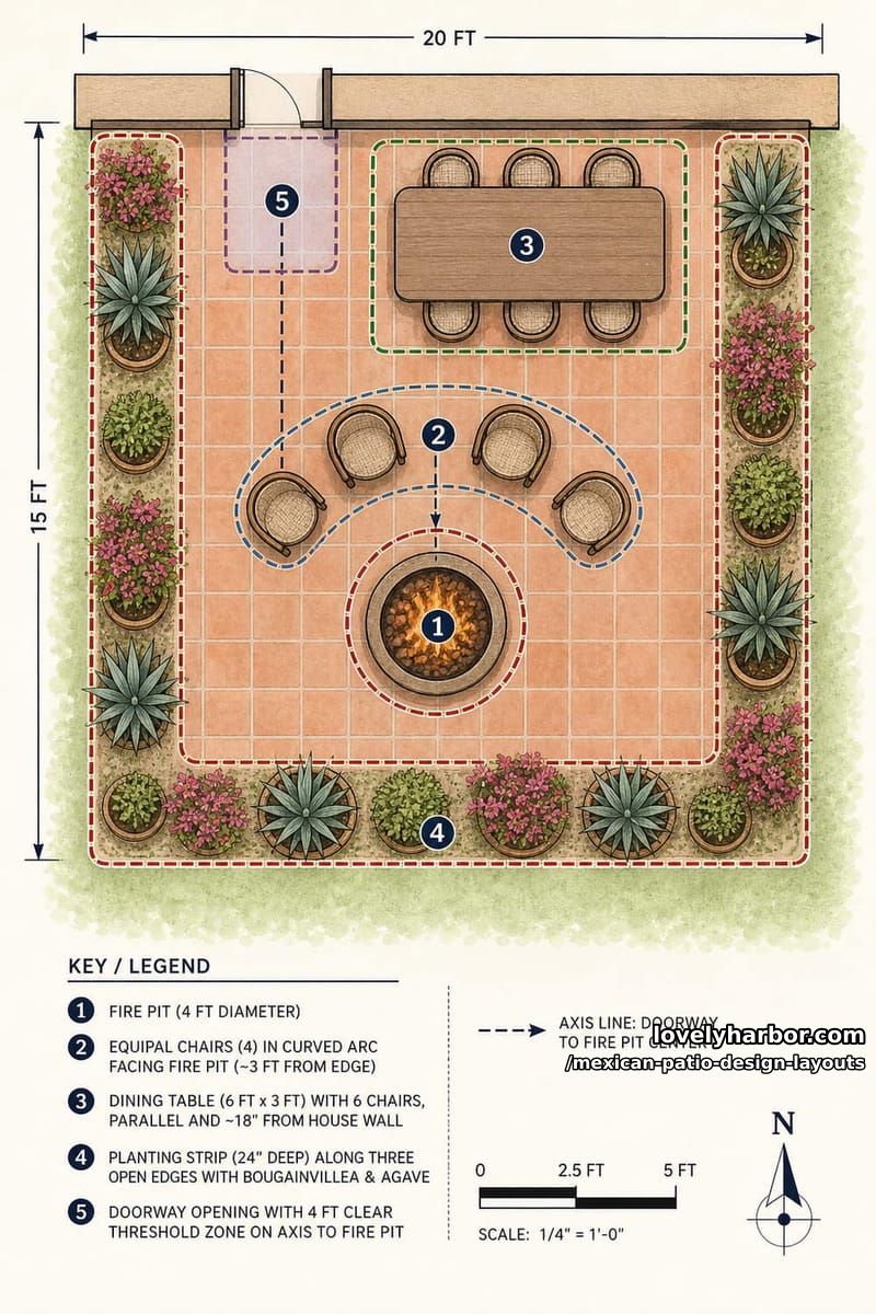 Technical zoning diagram for a 15x20 ft Mexican patio highlighting five functional areas: the conversational anchor, seating ring, dining zone, planting perimeter, and threshold.