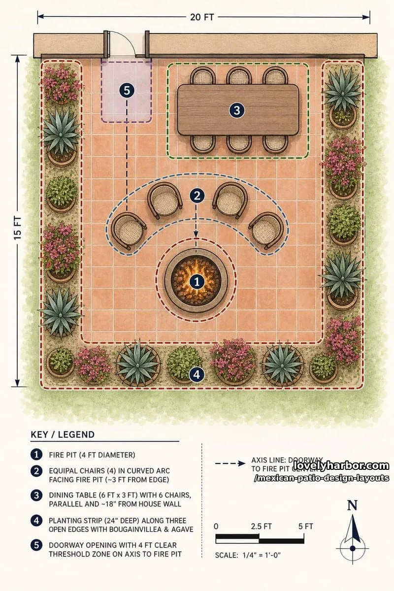 Mexican Patio Design Guide: 5 Yard Layouts & 3 Floor Plans 3 Technical zoning diagram for a 15x20 ft Mexican patio highlighting five functional areas: the conversational anchor, seating ring, dining zone, planting perimeter, and threshold.