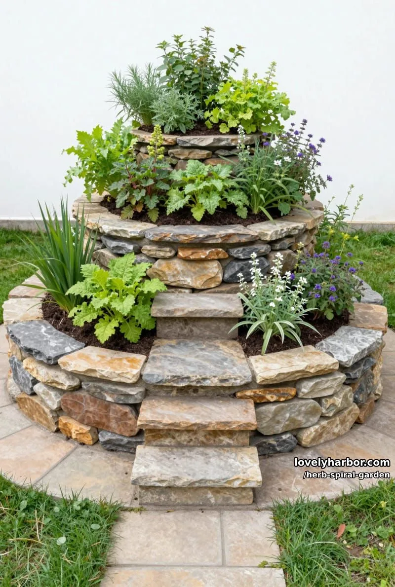 20 Unique Herb Spiral Garden Designs for Modern Yards 23 three-tiered flat stone garden bed with central stone pathway. 1