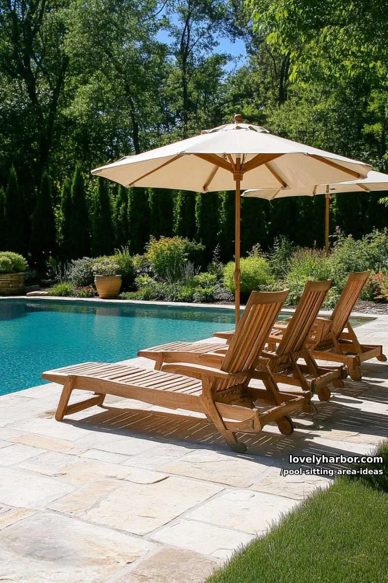 three wooden lounge chairs and umbrella in tranquil, green backyard. 1