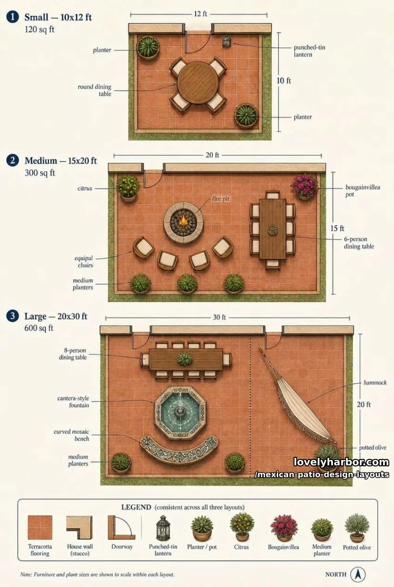 Three scale-based Mexican patio floor plans for Small (10x12 ft), Medium (15x20 ft), and Large (20x30 ft) yards, featuring detailed furniture arrangements and architectural anchors.