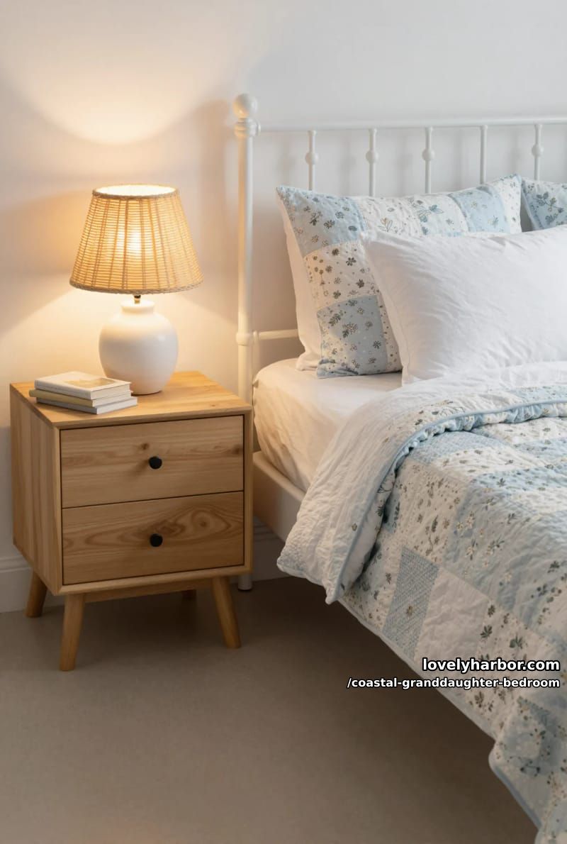 tidy bedroom with white metal bed, patchwork quilt, rattan lamp, and books. 1
