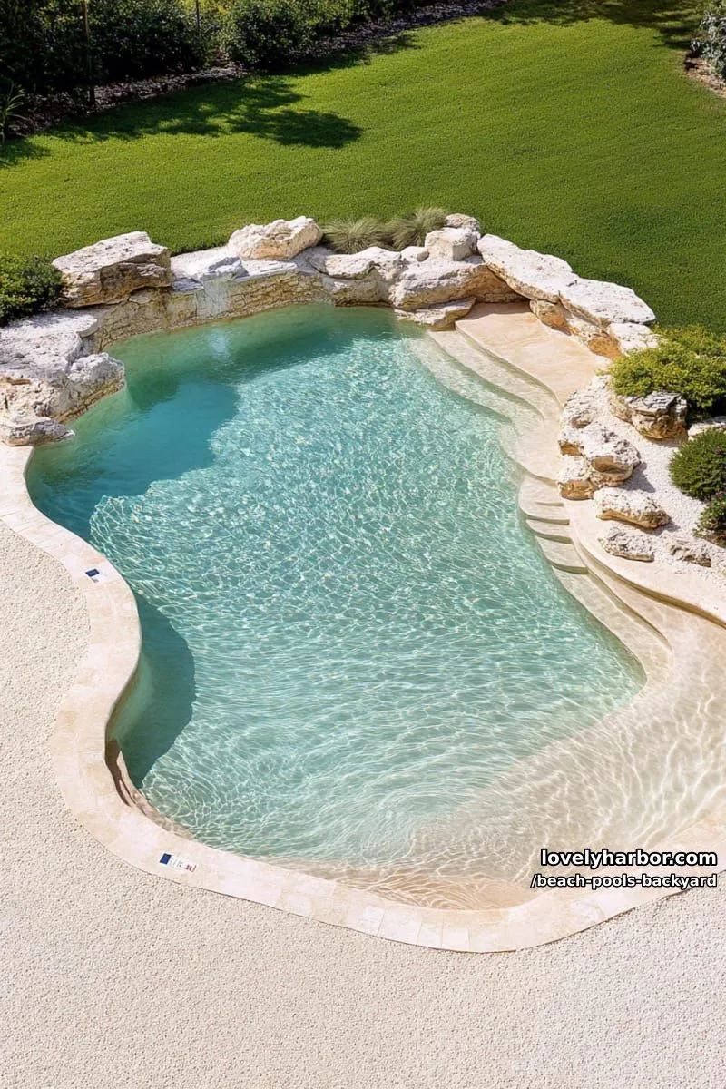 top-down view of freeform pool, sandy border, rocks, and grassy surroundings. 1