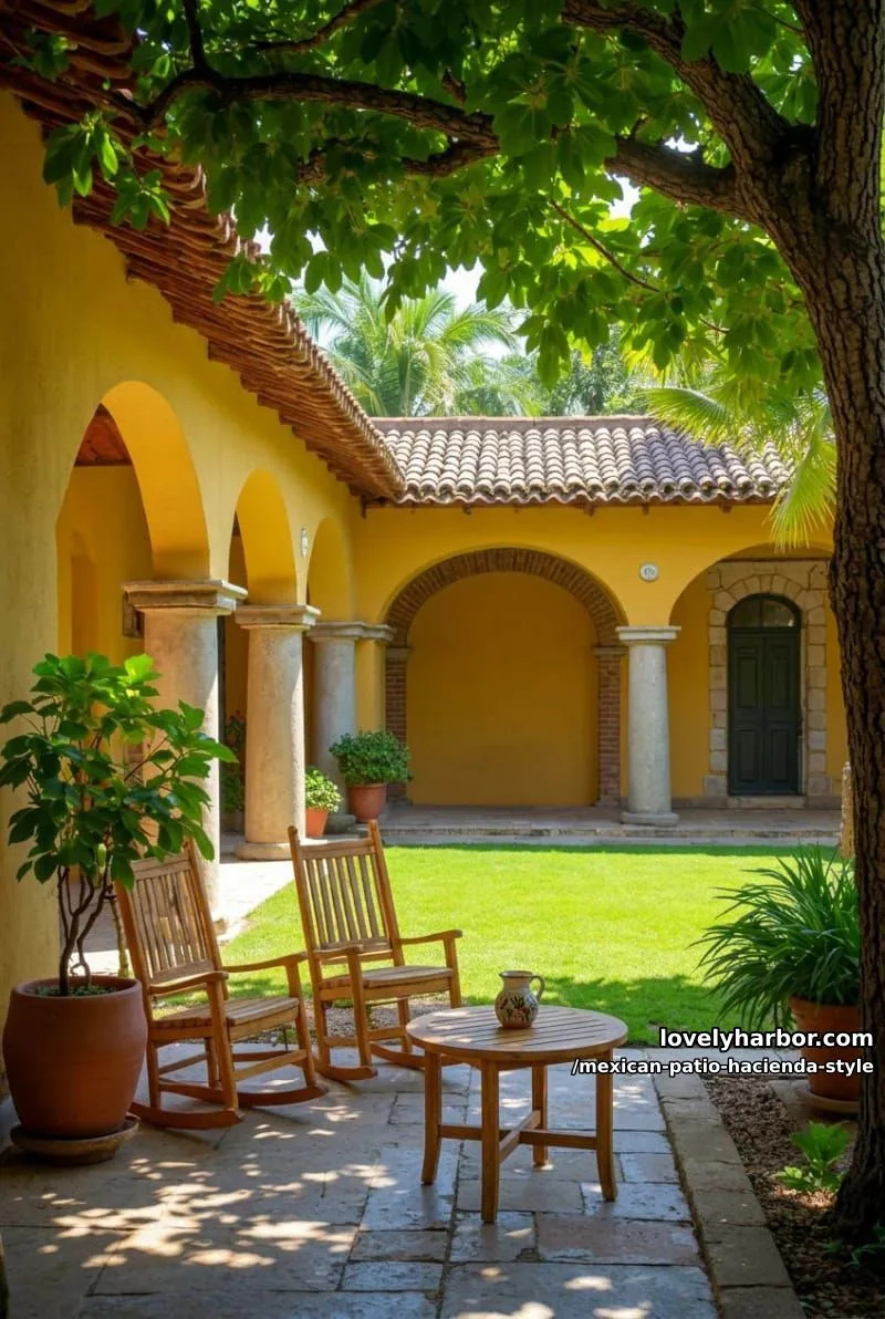 22 Mexican Hacienda-Style Patios That Look Stunning 18 traditional courtyard with yellow walls, stone columns, lawn, rocking chairs, and vine-shaded walkway. 1