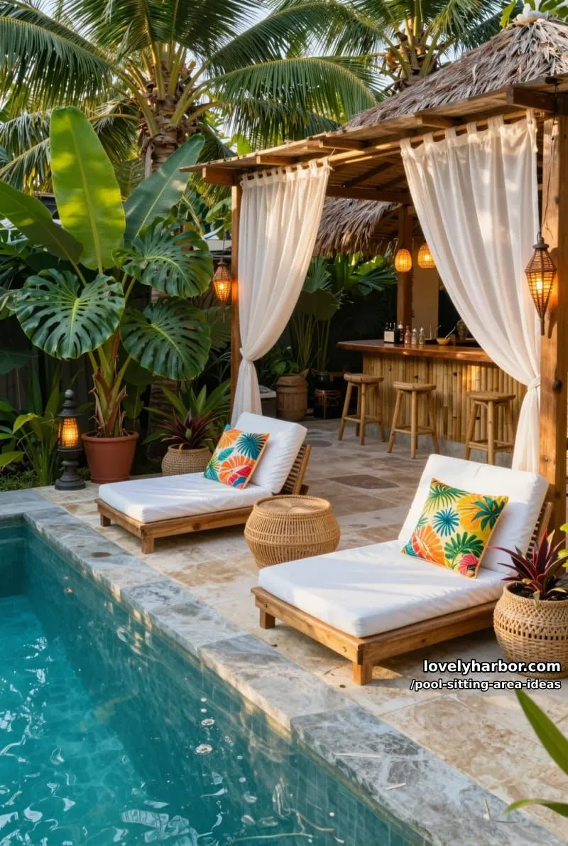 tropical backyard oasis with palm trees, wooden loungers, and clear pool. 1