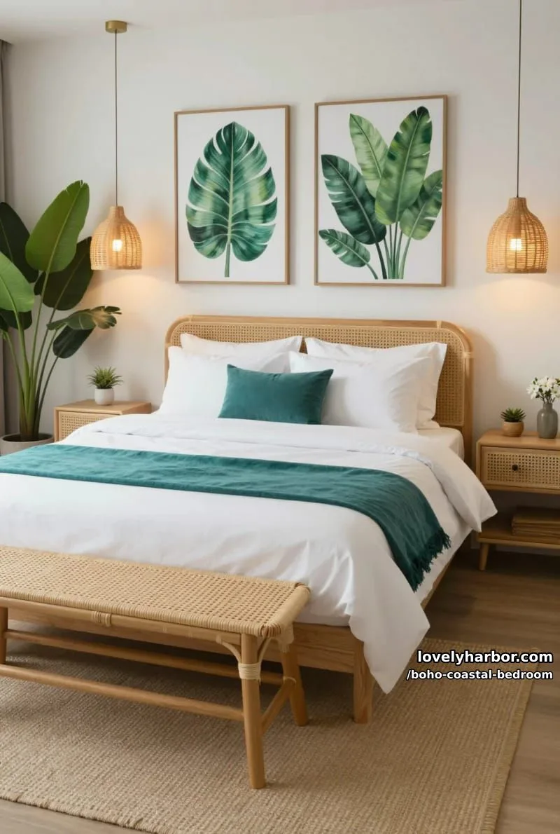 20 Boho Coastal Bedroom Ideas for a Dreamy Retreat 11 tropical bedroom with rattan headboard, banana leaf art, and lush greenery. 1