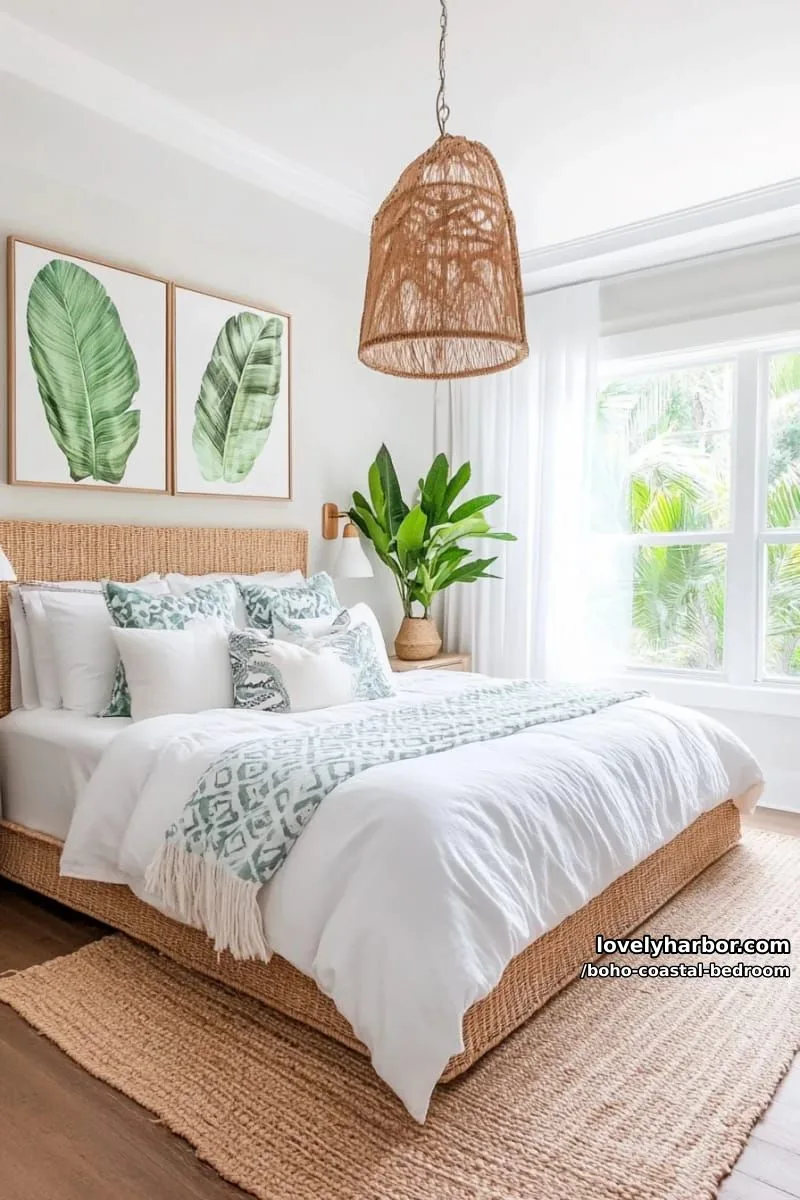 20 Boho Coastal Bedroom Ideas for a Dreamy Retreat 12 tropical bedroom with rattan headboard, banana leaf art, and lush greenery. 1