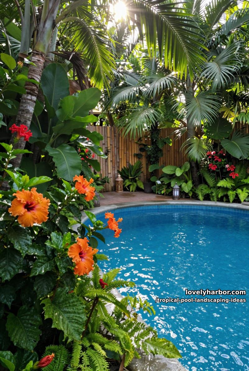 tropical garden and pool, sun flare, hibiscus, bamboo fence, lanterns, secluded. 1