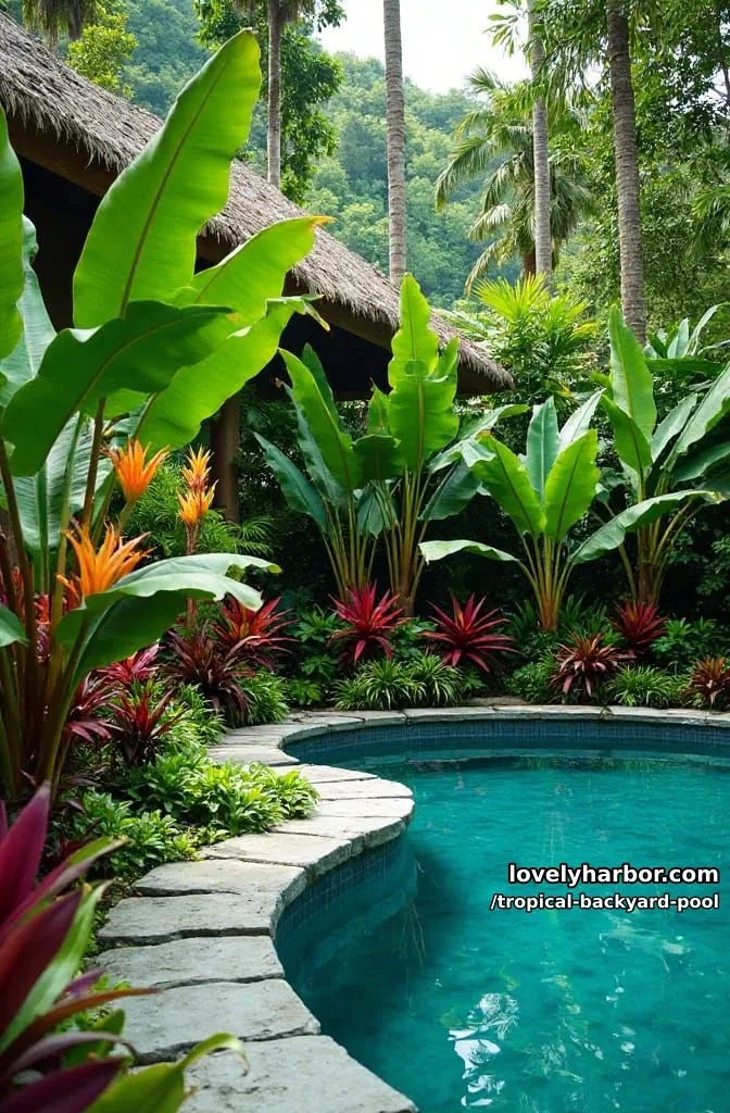 20 Tropical Backyard Pools That Feel Like a Resort 1 tropical garden pool with dense exotic foliage and curved stone pavers 1