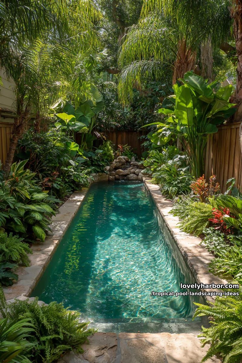 tropical garden with layered green plants, broad leaves, wooden fence backdrop. 1