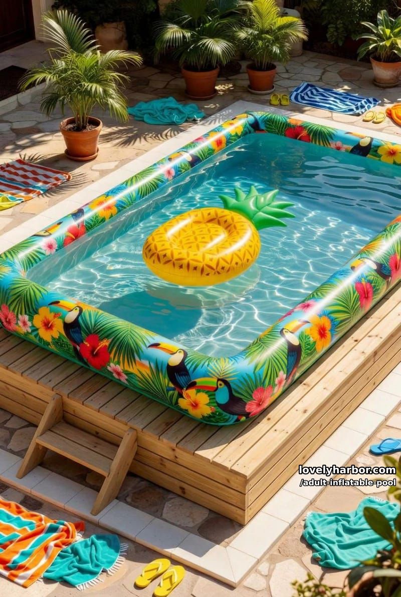 tropical inflatable float with book and drink. 1