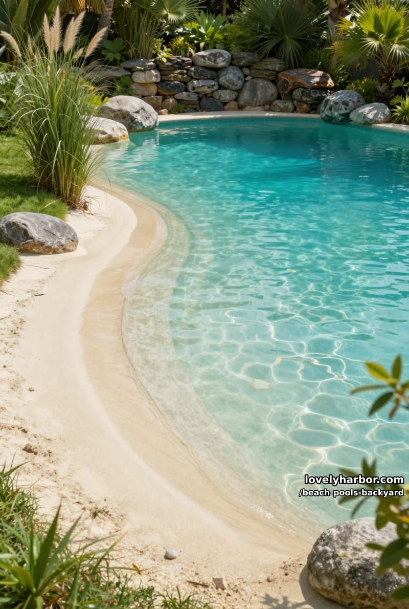 tropical lagoon pool with sandy beach entry, boulders, and ornamental grasses. 1