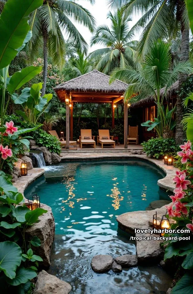 20 Tropical Backyard Pools That Feel Like a Resort 10 tropical pool with rock waterfalls, stepping stones, and lush landscaping 1