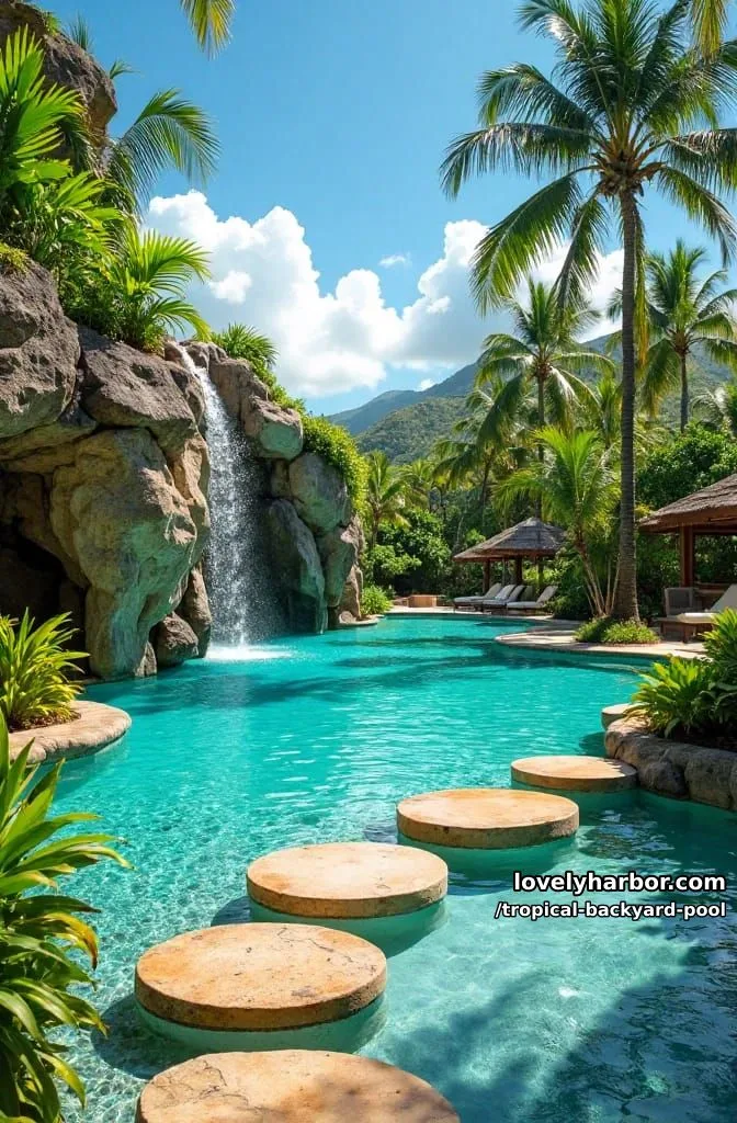 20 Tropical Backyard Pools That Feel Like a Resort 9 tropical pool with rock waterfalls, stepping stones, and lush landscaping 1