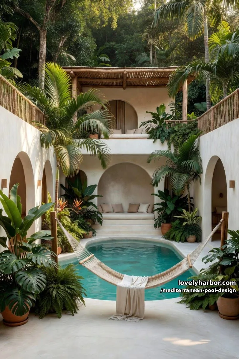 tropical villa courtyard with lagoon pool, hammock, pergola terrace, jungle backdrop. 1