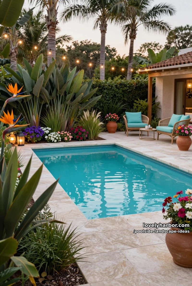 turquoise pool with pale stone coping, bird of paradise, and flowering plants. 1
