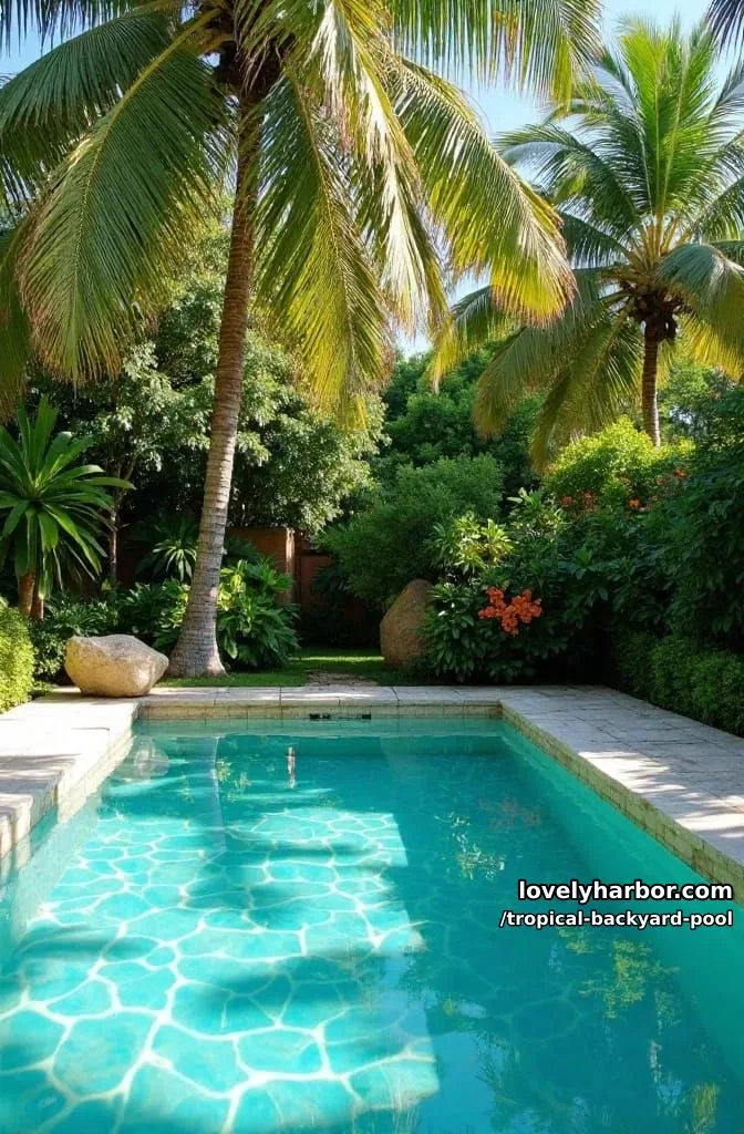 20 Tropical Backyard Pools That Feel Like a Resort 6 turquoise pool with palm trees, flowering plants, and natural rock accents 1