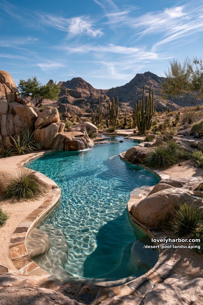 turquoise pool with stone border, rock waterfall, cacti, and arid mountain backdrop. 1